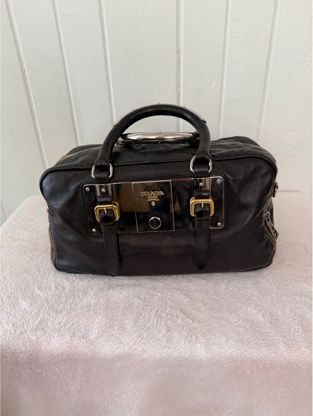 Prada Black Leather Bauletto Satchel Bag with Gold and Silver Hardware